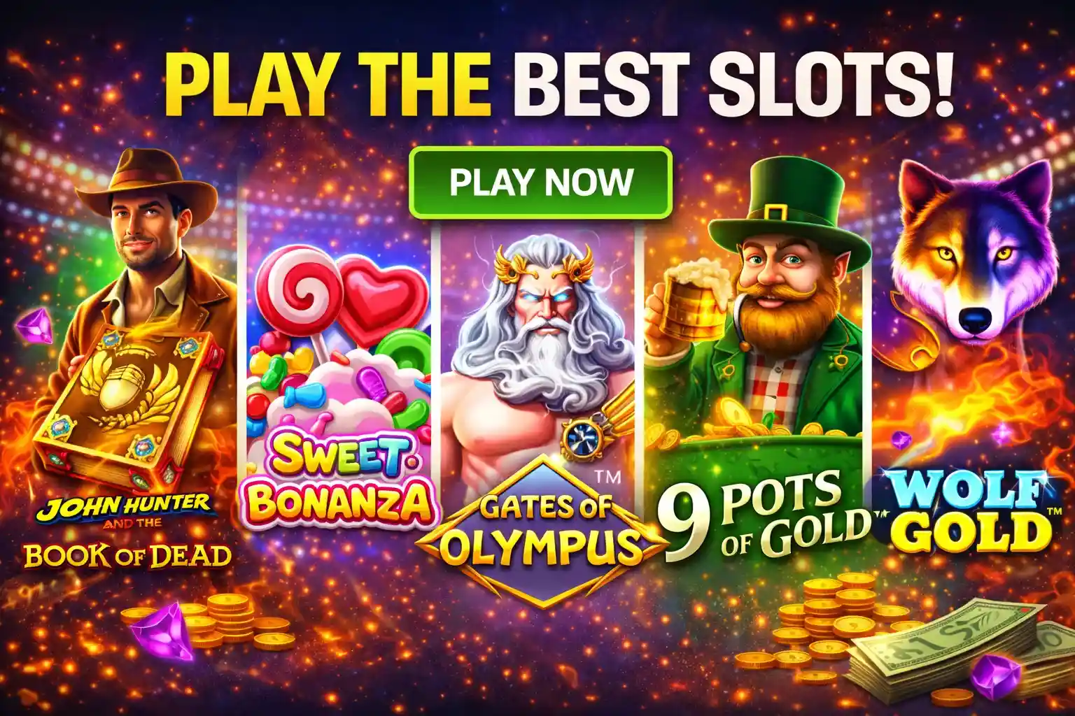 Collage of popular slot characters including Wolf Gold and Sweet Bonanza ready to play